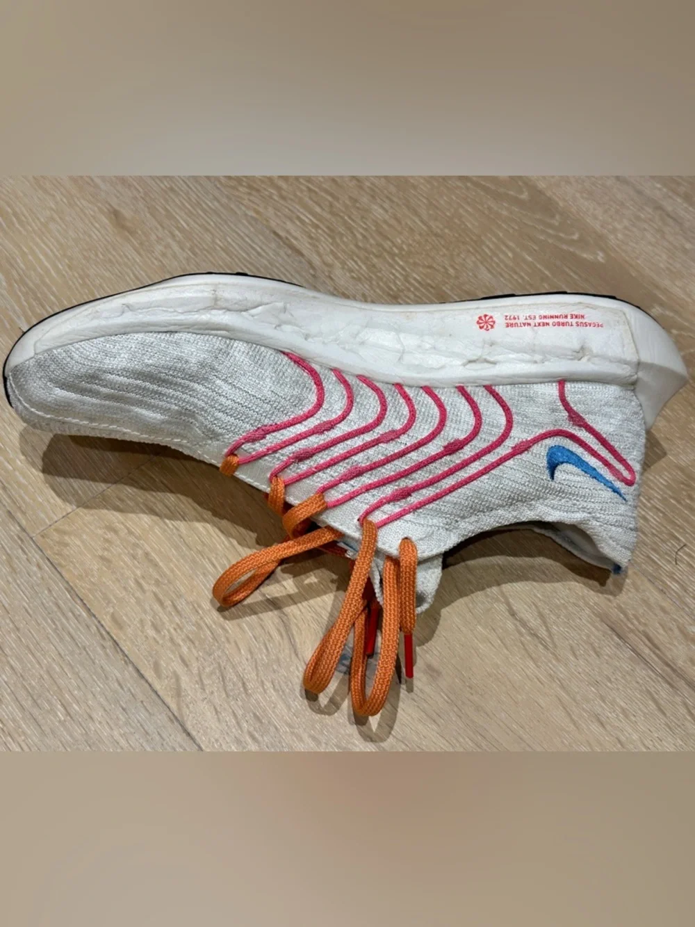 Women’s Nike White Knit Running Shoes - Blue Swoosh, Pink Stripes & Orange Laces - Picture 5 of 16
